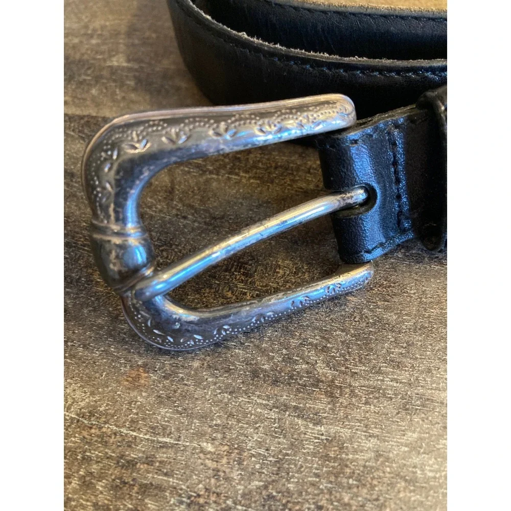 Fossil Black Leather Western Concho Link Belt Silver Tone Etched Buckle Large